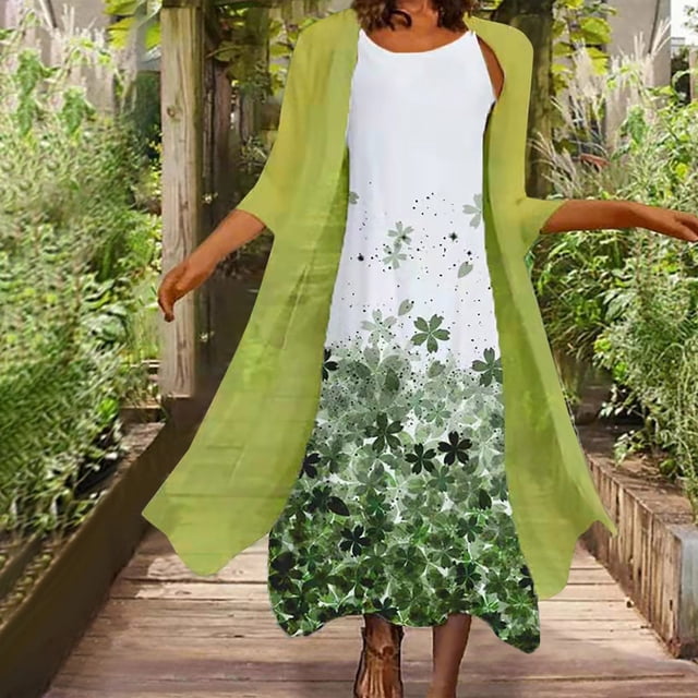 ICHUANYI Clearance Fashion Women Casual Round Neck Sleeveless Dress Solid Coat Two-Piece Set(Green, XL) ICHUANYI WER2023081201822