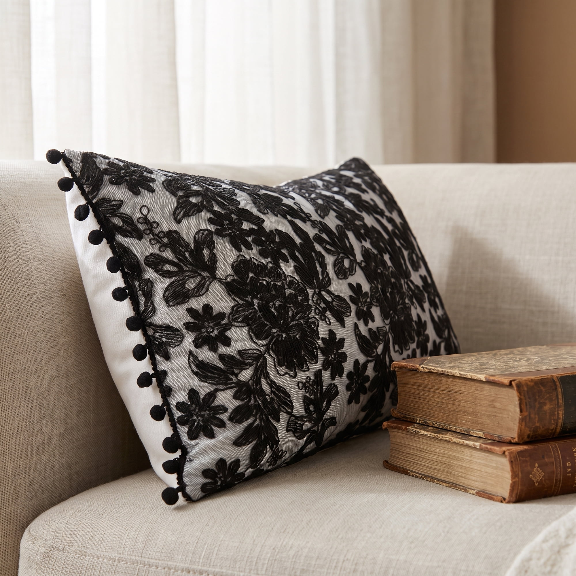 Unique Bargains Elegant Vintage Floral Throw Pom-Pom Pillow Covers Black 20" x 12"
