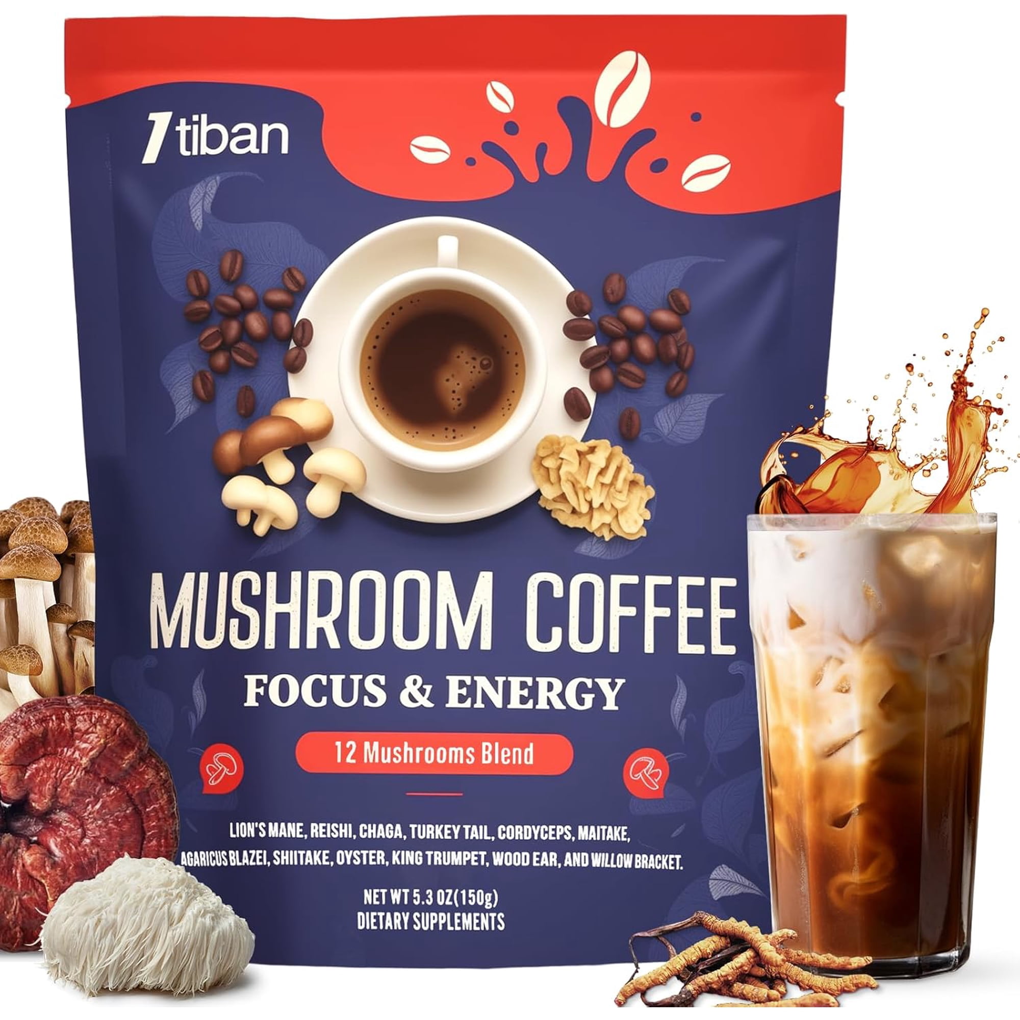 Mushroom Coffee, 12 Mushrooms Powder Blend Ashwagandha, Lion's Mane, Chaga and Probiotics, Mushrooms Instant Coffee Latte for Focus, Gut & Immunity Health- 30 Servings