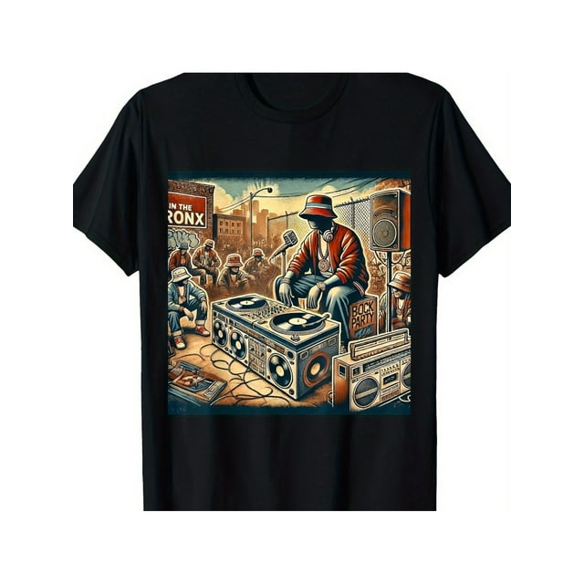 Men's Retro DJ Hip-Hop Graphic T-Shirt | 100% Cotton, Vintage Music Party Design with Turntables & Speakers, Short Sleeve, Black, Casual Streetwear for Teens