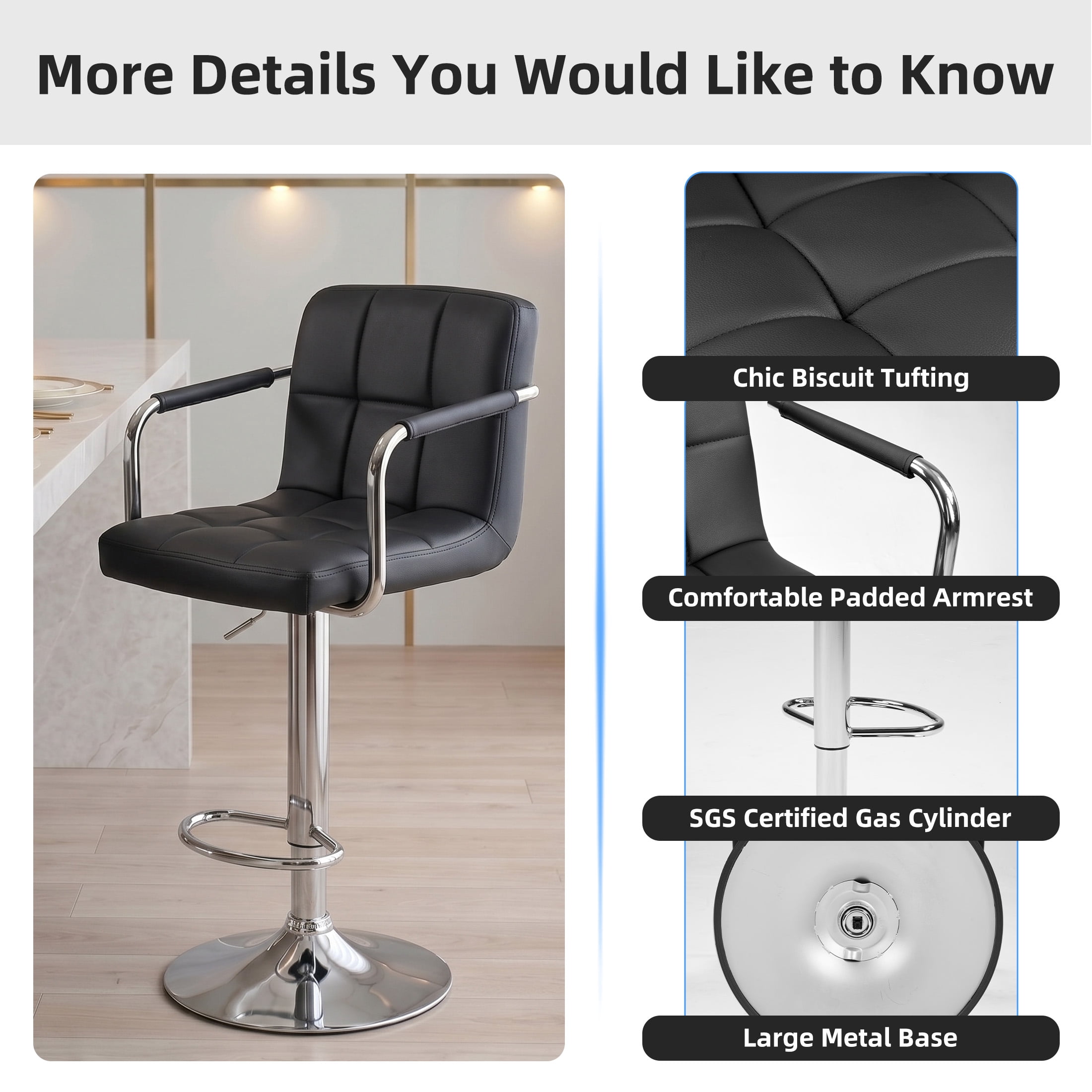 CONCETTA Set Of 2 Swivel Bar Stools With Armrests, Made of Adjustable Pu Leather with Back & Footrest,Black