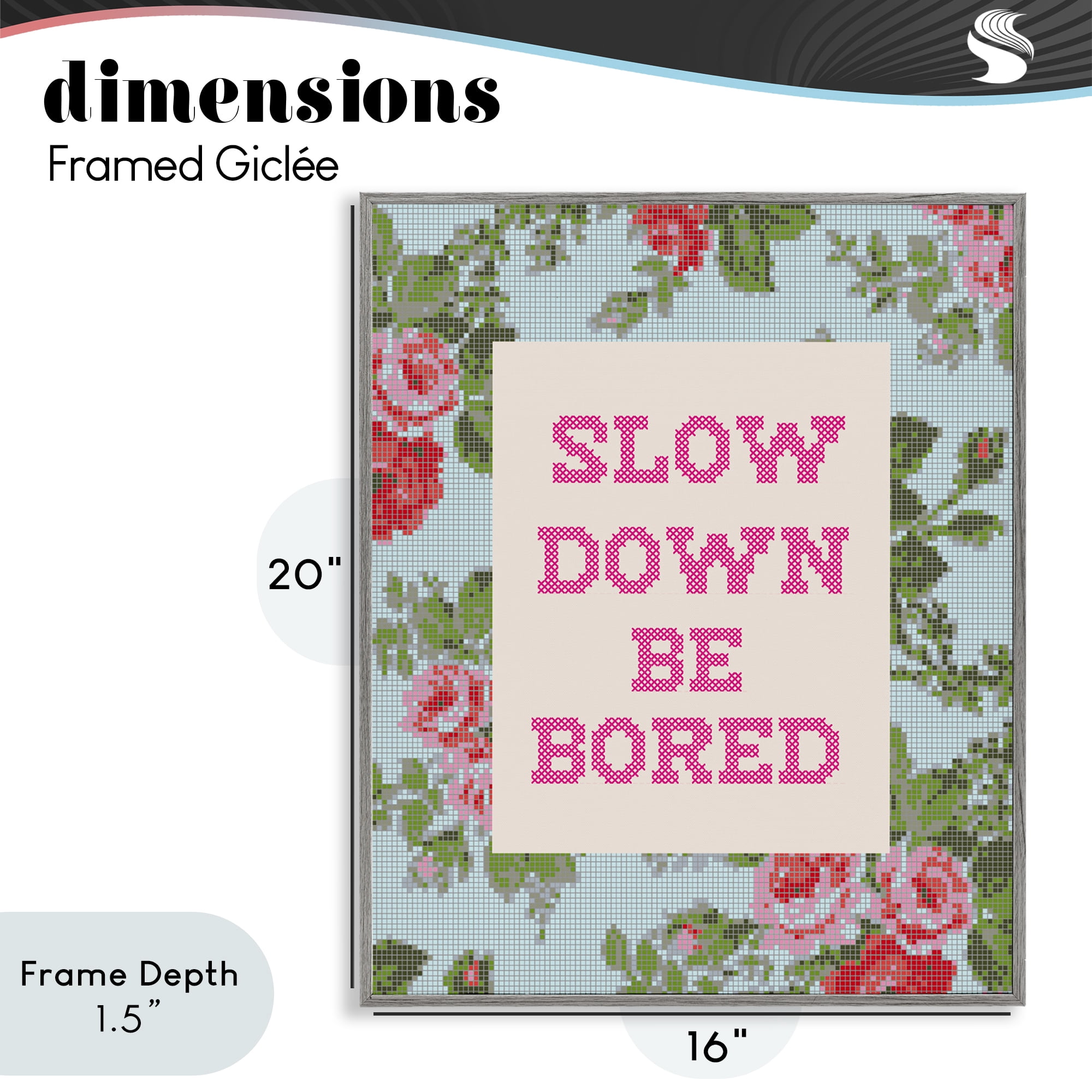 Stupell Industries Slow Down Be Bored Faux Cross Stitch Gray Framed Giclee Art, design by Lil' Rue