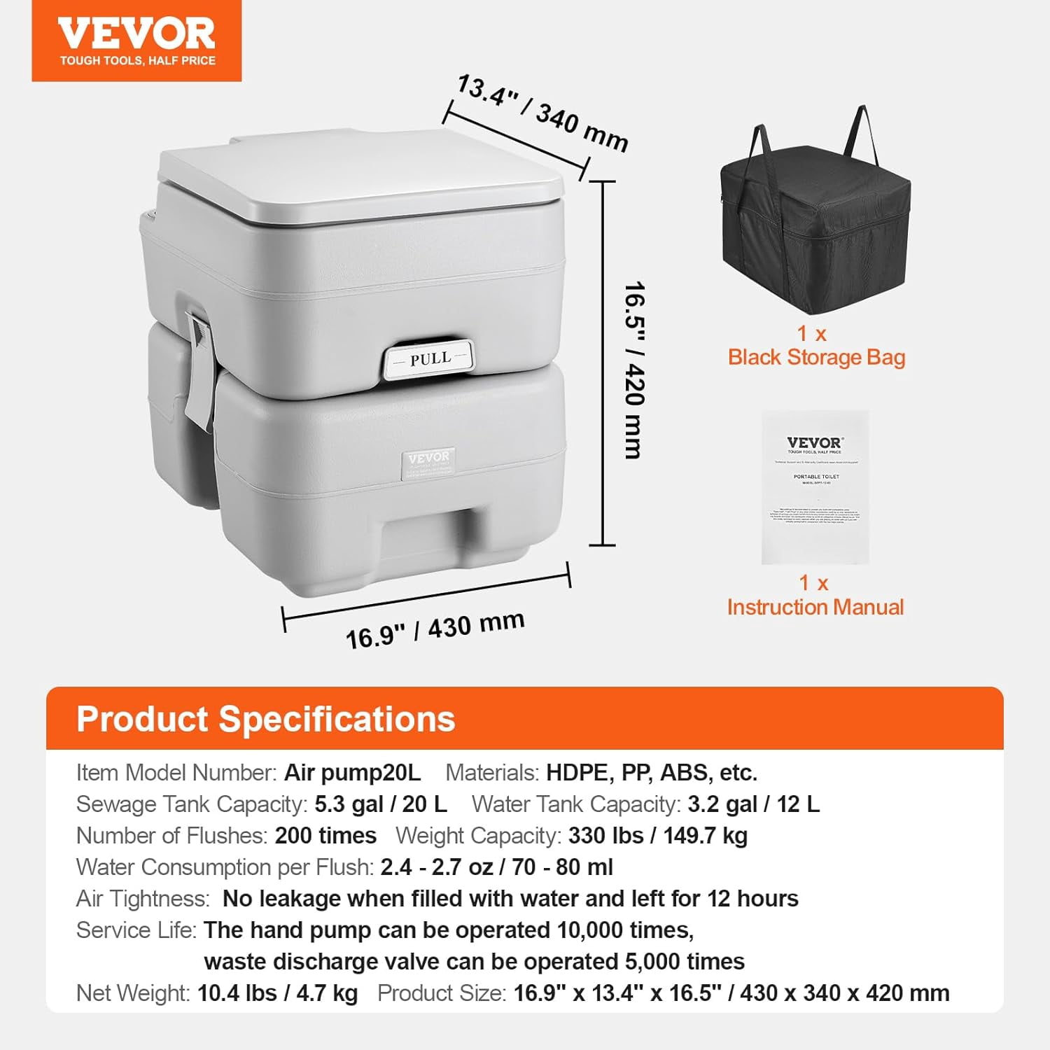 HJTER Portable Toilet for Camping, RV Toilet with Carry Bag, 5.3 Gal Waste Tank & 3.2 Gal Flush Tank, Push-Button Pressurized Flush Commode, Leak-proof and Odourless Travel Toilet for Camping Car