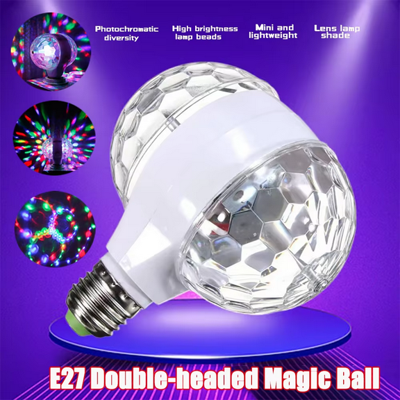 2025 Double Head Crystal Ball LED Stage Light - Auto-Rotating 7-Color RGB Atmosphere Lamp with E27 Base, Dynamic Dual-Rotation for Parties, DJ Shows, Home Decor
