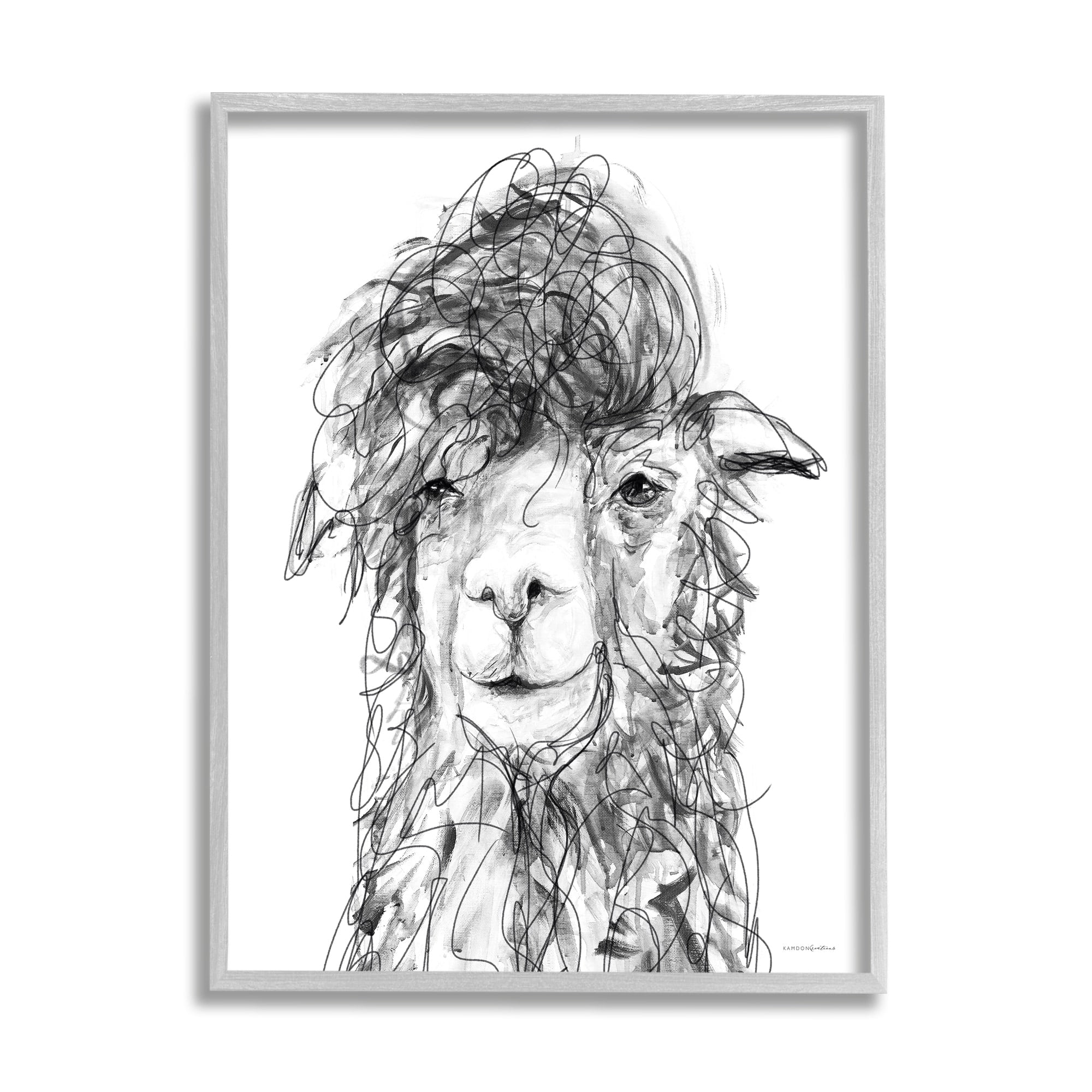 Stupell Industries Fluffy Hair Alpaca Llama Smiling Scribble Lines Drawing Print Gray Framed Art Print Wall Art, Design by Kamdon Kreations