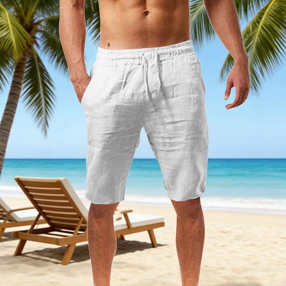 Mens Linen Shorts Drawstring Waist Breathable Beach Shorts Elastic Waist Summer Shorts Lightweight Solid Color Casual Vacation Lounge Wear