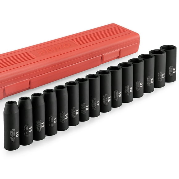 NEIKO 02474A 1/2" Drive Deep Impact Socket Set | 15 Piece | Deep Socket Kit | 6 Point Metric Sizes (10-24 mm) | Cr-V Steel