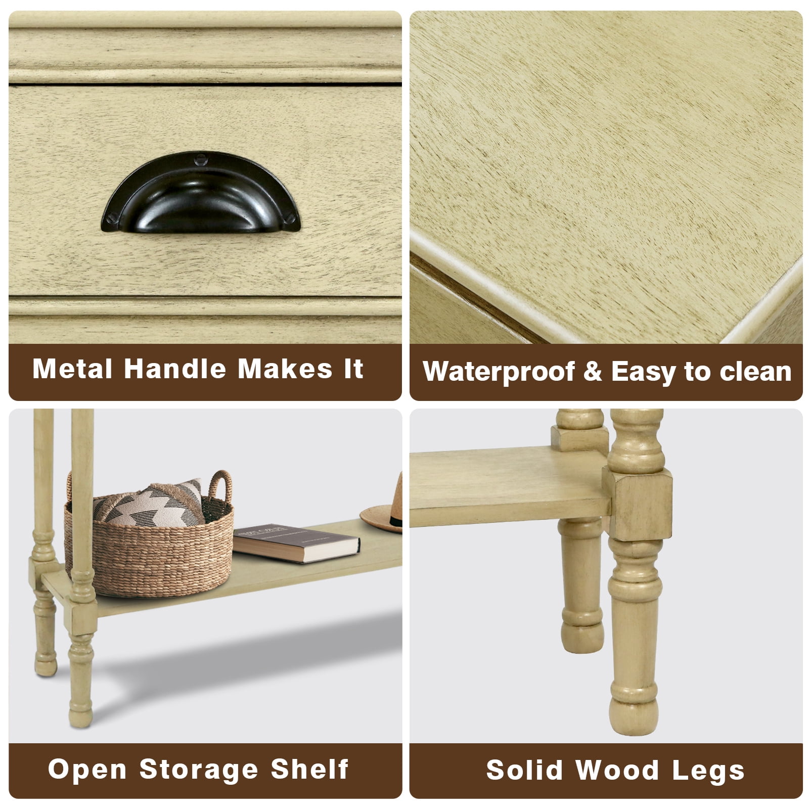 Urbanest Burlington Solid Wood Console Table with 3 Drawers & Lower Shelf – Entryway Table, Hallway Sofa Table, Narrow Accent Table for Living Room – 39.5″ × 9.5″ × 32″ – Beige Farmhouse Decor