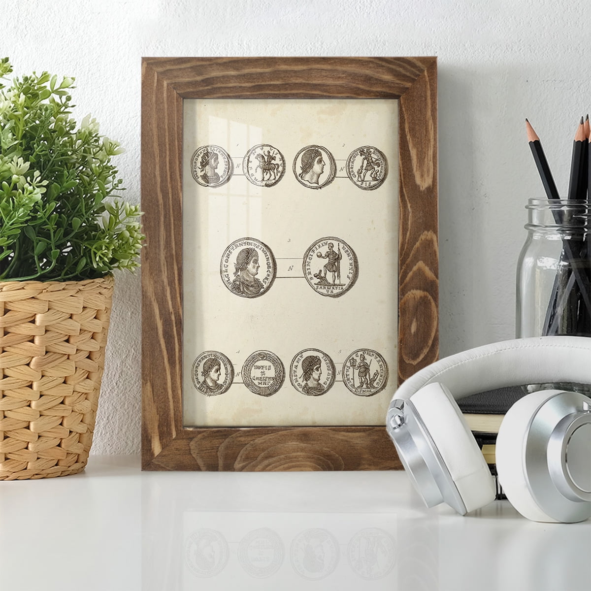Antique Roman Coins V -Framed Print w/glass-Walnut