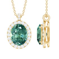 Rosec Jewels Lab Created Green Sapphire Pendant with Diamond Halo for Women - AAAA Grade, 18K Yellow Gold