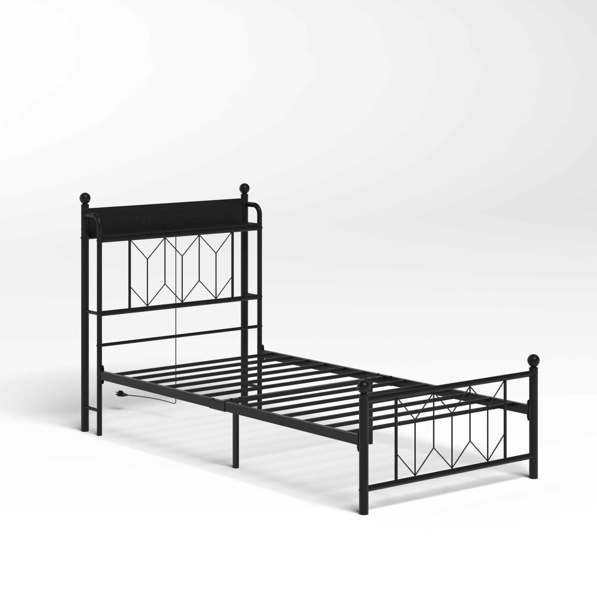 AENKYO Twin Bed Frame with LED Lights Headboard, Charging Station, Sturdy Metal Platform Bed with Shelf, Black