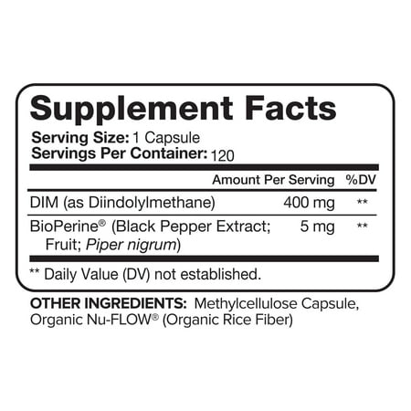 Nutrivein DIM Supplement 400mg Diindolylmethane Plus Bioperine - Maintain Hormone Balance with Estrogen, Progesterone and Testosterone for Menopause - Supports Acne and PCOS Treatment Men & Women