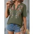 thumbnail image 5 of Mexican Shirts for Women Embroidered Traditional Summer Blouse Floral Tunic V Neck Short Sleeve T Shirt  Green M, 5 of 6