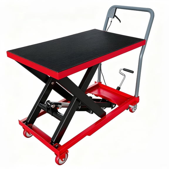GARVEE Hydraulic Lift Table Cart 330 lbs Manual Single Scissor Lift Table with 4 Wheels and Non-Slip Pad for Material Handling and Transportation,Red