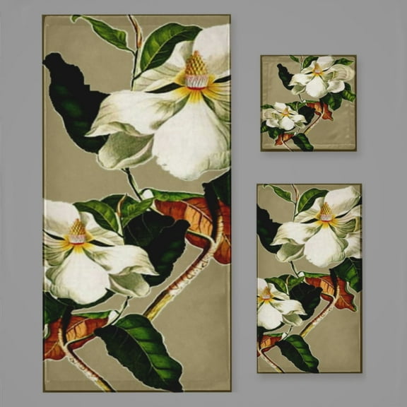 Vintage White Magnolia Pattern On Khaki Background Bath Towel Sets For Bathroom Hand Towels Fingertip Towels 3 Piece Soft Absorbent For Bathroom Kitchen Hotel Beach