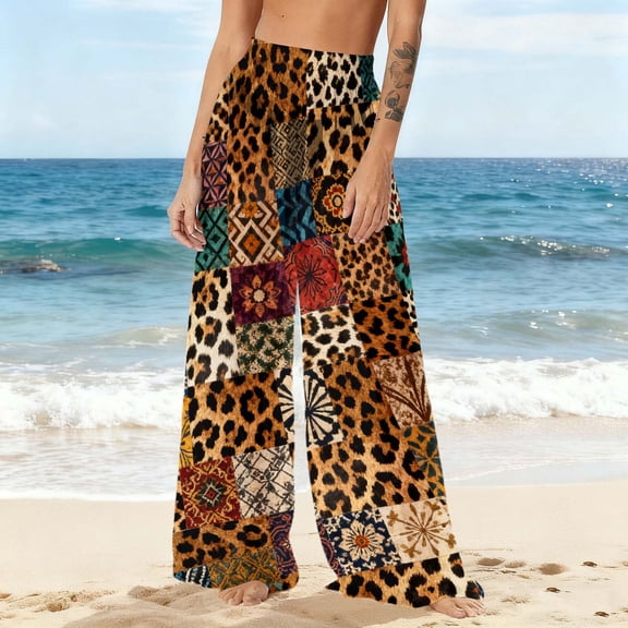 Mifsaly Women Cover Up Pants Patchwork Leopard Print Boho Beach Pant Flowy Lightweight High Waist Sheer Mesh Swimming Trousers Fashion Vacation Clothes 2026 S