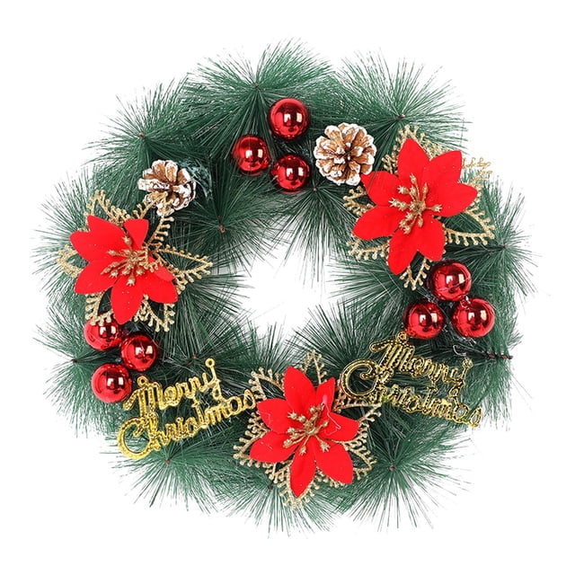 decoraciones navideñas decoraciones navideñas guirnalda navideña corona navideña coronas navideñas para la puerta principal corona para la puerta principal guirnalda de 11 pulgadas con ramas de pino artificial, flores poinsetia rojas, bayas y esferas rojas, piñas decorativas y letreros dorados "Merry Christmas"; ideal para puerta principal, pared o ventana y a menudo usada como adorno interior o exterior.