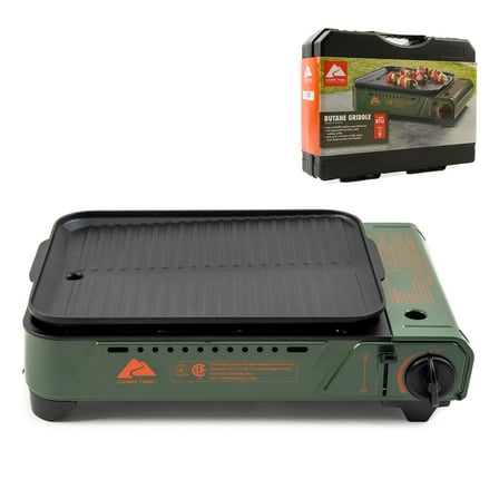 Ozark Trail Outdoor Butane Griddle, 7650 BTU, 15"x12" Cast Aluminum Griddle Fits 4 Burgers, CSA Approved, Green Color