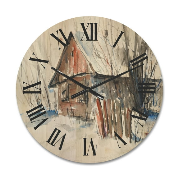 Designart 'Old Abandoned Wooden House In Winter Snow Picture' Traditional Wood Wall Clock