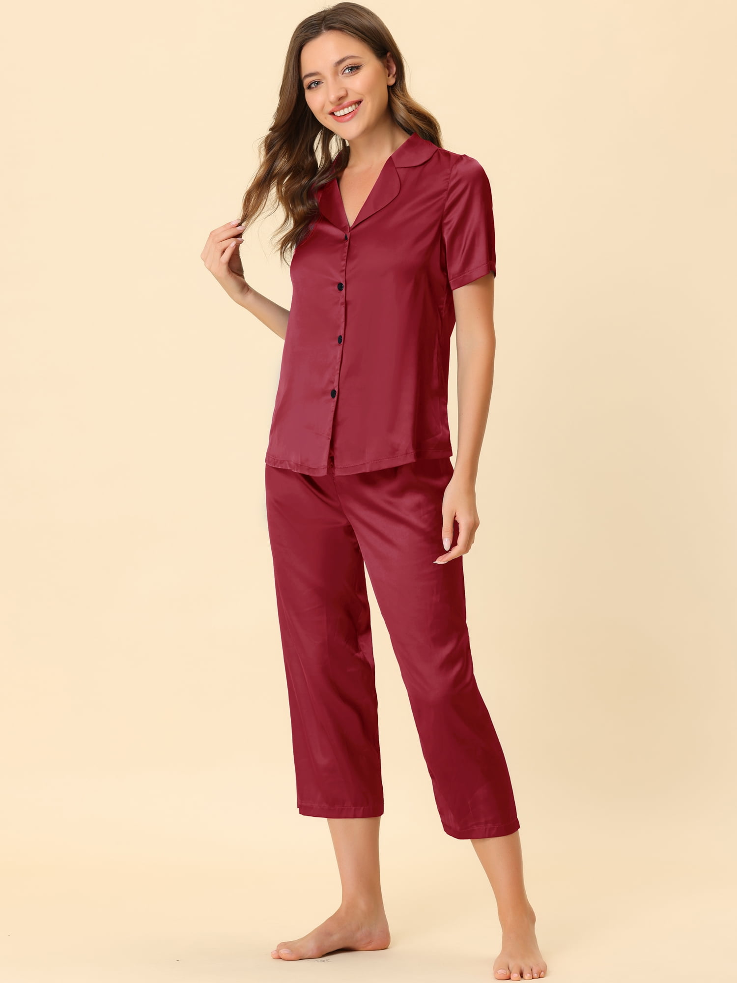 DARING DIVA Women's Satin Button Down Pajamas Sets S Wine Red