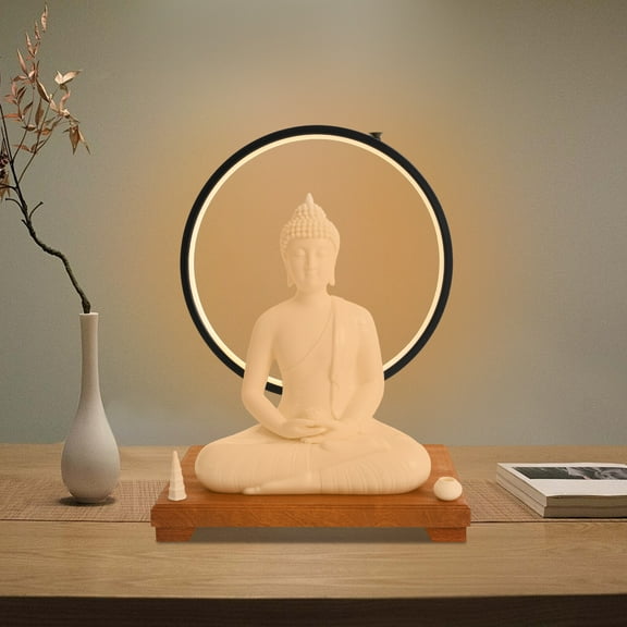 Ceramic Buddha Statue, White Glazed Finish with 6-Level LED Halo, 16in Height on Wood Base, Ideal for Meditation Spaces and Home Decor