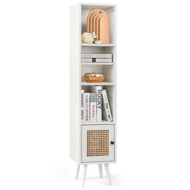 Costway Rattan Storage Cabinet Freestanding Slim Organizer Wood Display Rack Living Room White