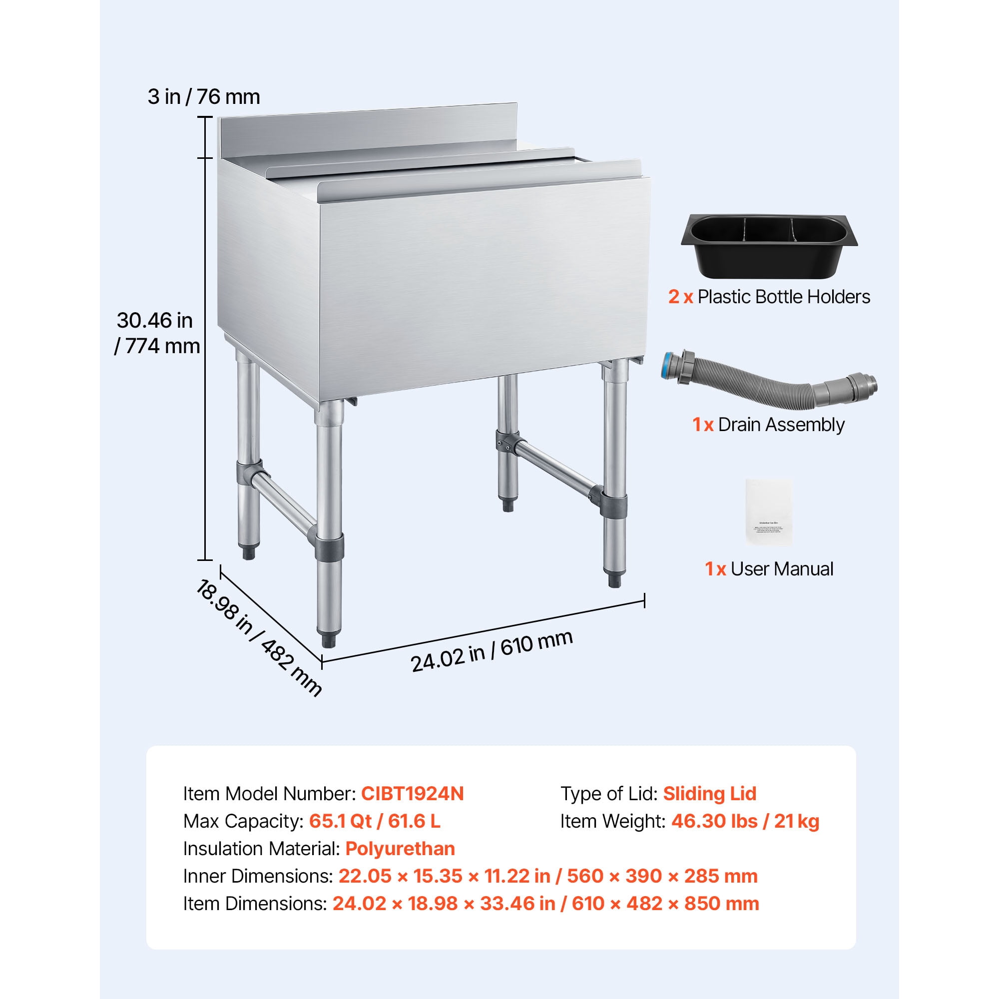 KFFKFF Commercial Ice Bin, 100.7 Qt Capacity, 36 x 19 x 33 Inch Stainless Steel Ice Chest with Sliding Lid and Bottle Holders, Cooler Cart for Bar, Restaurant, or Pub, NSF Certified