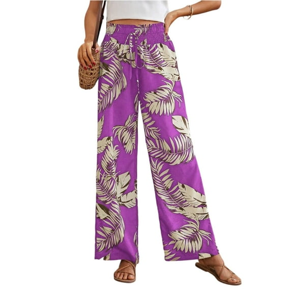 Mlqidk Palazzo Pants for Women Tropical Loose Fit High Waisted Pant DrawstringWide Leg Beach Pants Summer Boho Floral Print Trousers with Pockets Purple XL