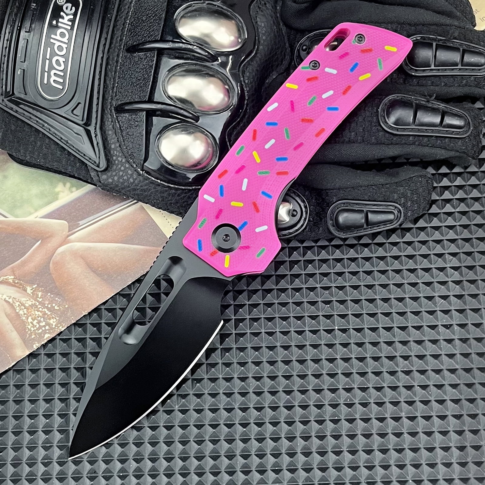 Pink Pocket Knife for EDC, Folding Utility Knife with 3.15 inch D2 Blade, G10 Handle, Fashion Gifts for Women