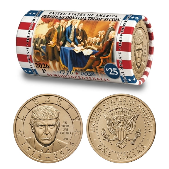 President Donald J. Trump 2026 $1 Coin Roll • DOI Declaration of Independence Edition • 25 BU Coins • America’s 250th 1776-2026