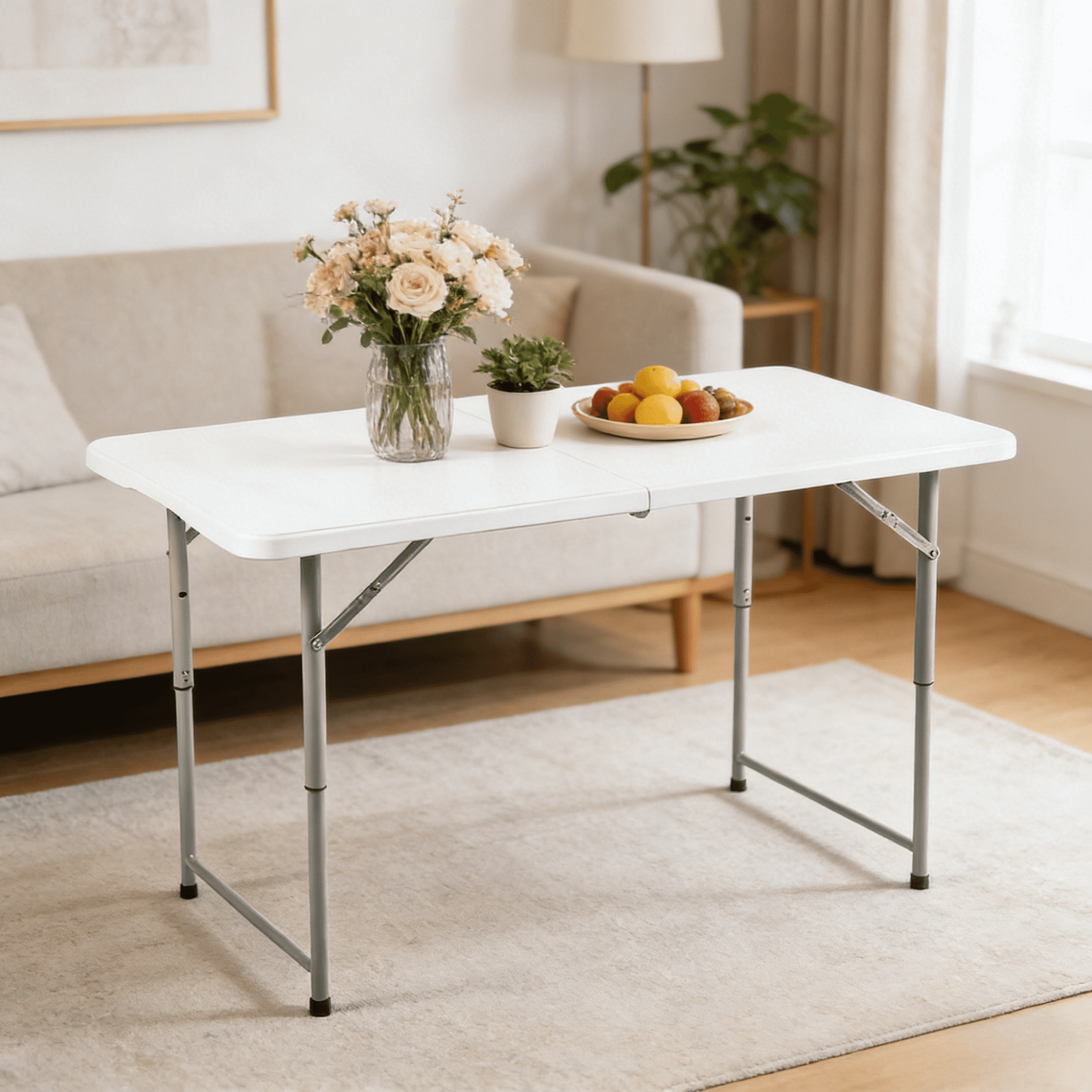 Gewnee 48''Rectangular Folding Dining Table,3 Adjustable Height Settings with Carrying Handle,Indoor & Outdoor for Dining Room, Living Room, Office & Camping,White