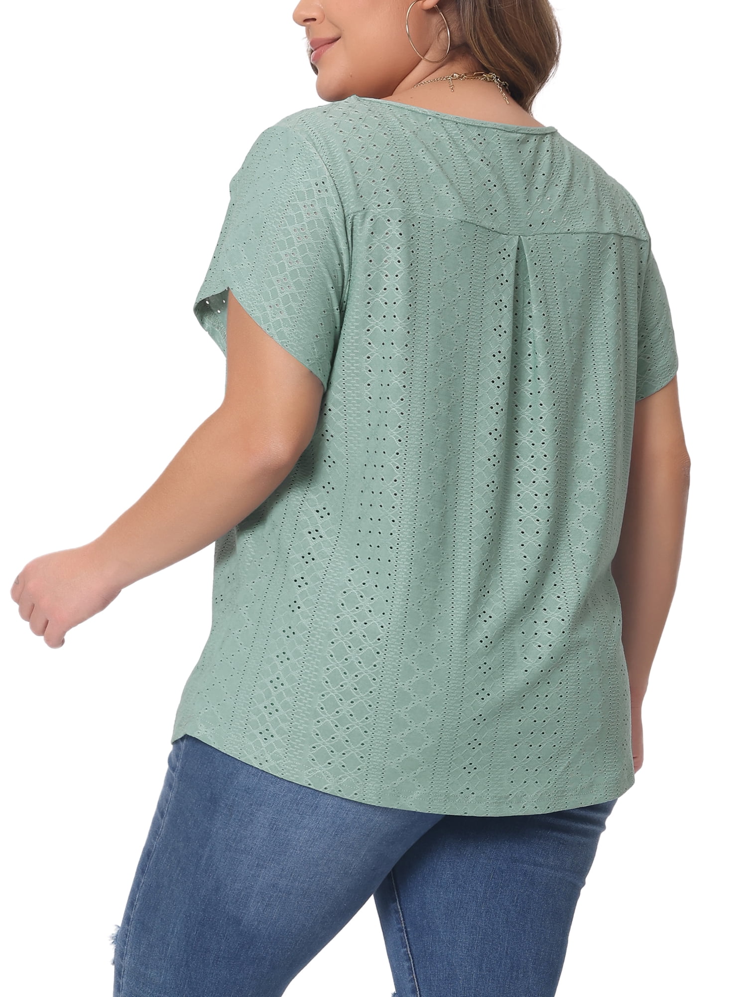 Women's Plus Petal Sleeve Keyhole Neck Loose Fit Casual Top for Women 2X Green