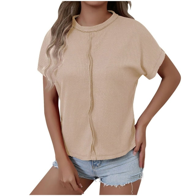 Staron Chemises d'Été pour Femmes Liquidation Manches Courtes Col Rond T-Shirts Unis Tendance d'Été Amples Chic Tricot Côtelé Décontracté Tunique Plissée Hauts