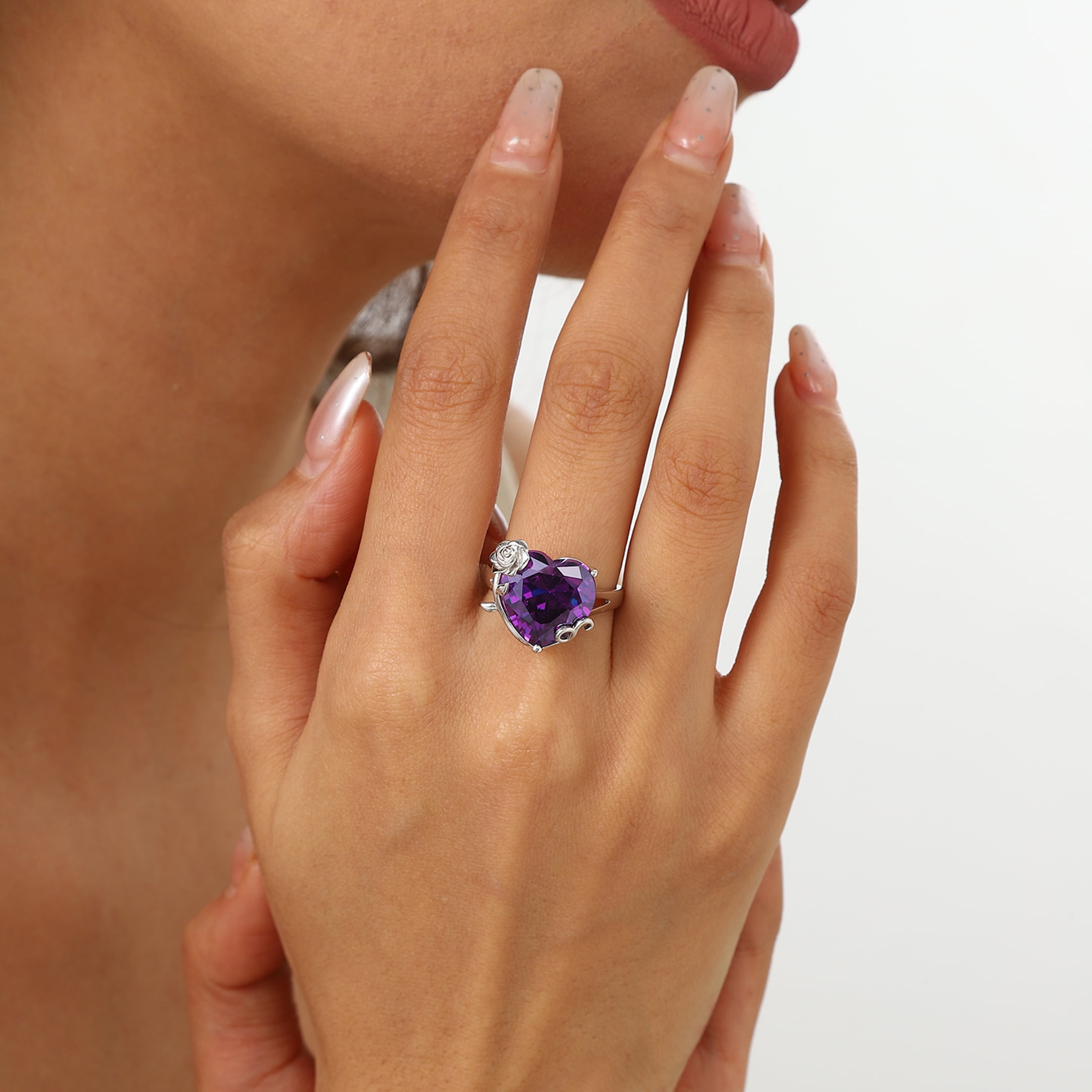 Juwaliy 9Ct Women Heart Ring 925 Sterling Silver Rose Flower February Birthstone Amethyst Purple Solitaire Ring Jewelry Girlfriend Valentine's Day Gift