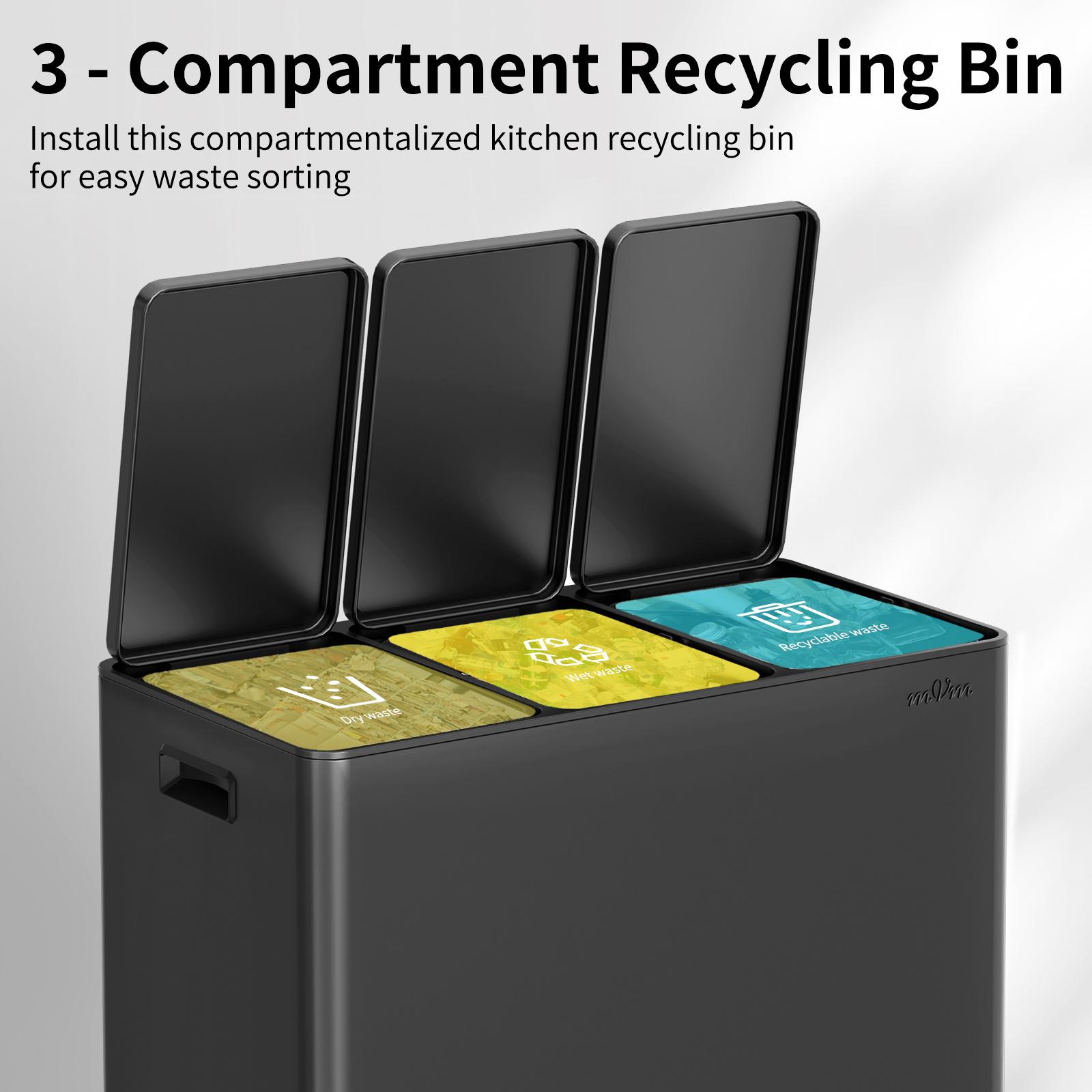 mVm 12 Gal/ 45L Stainless Steel 3 Compartment Trash Can, Triple Garbage Can（Black）