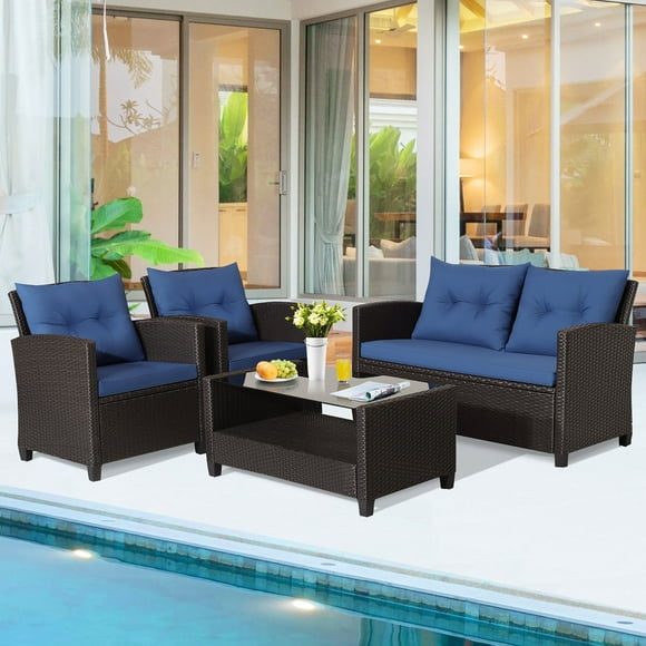 Gymax 4PCS Outdoor Conversation Set Patio PE Rattan Set w/ Glass Table & Sofa Cushions Navy