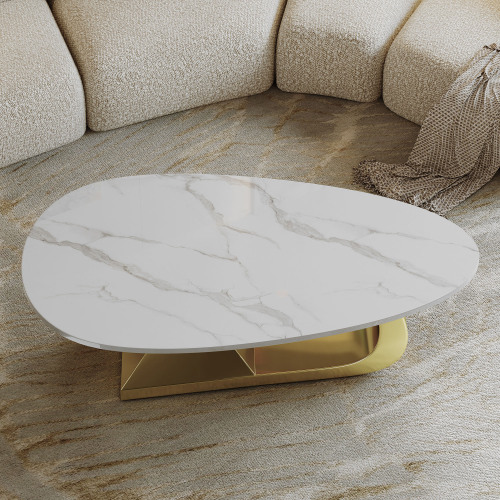 51.2-Inch Modern Oval Marble Coffee Table with Sturdy Gold Stainless Steel Base - Elevate Your Living Room with Style & Luxury, Scratch-Resistant & Easy Assembly.