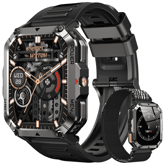 IOWODO 2.01'' Military Smart Watch for Men with Bluetooth Calling, Fitness Tracker, 100 Sport Modes, Flashlight, 1ATM Waterproof, Mountain Travel Pedometer Watch fits for Android and Iphone (Black)