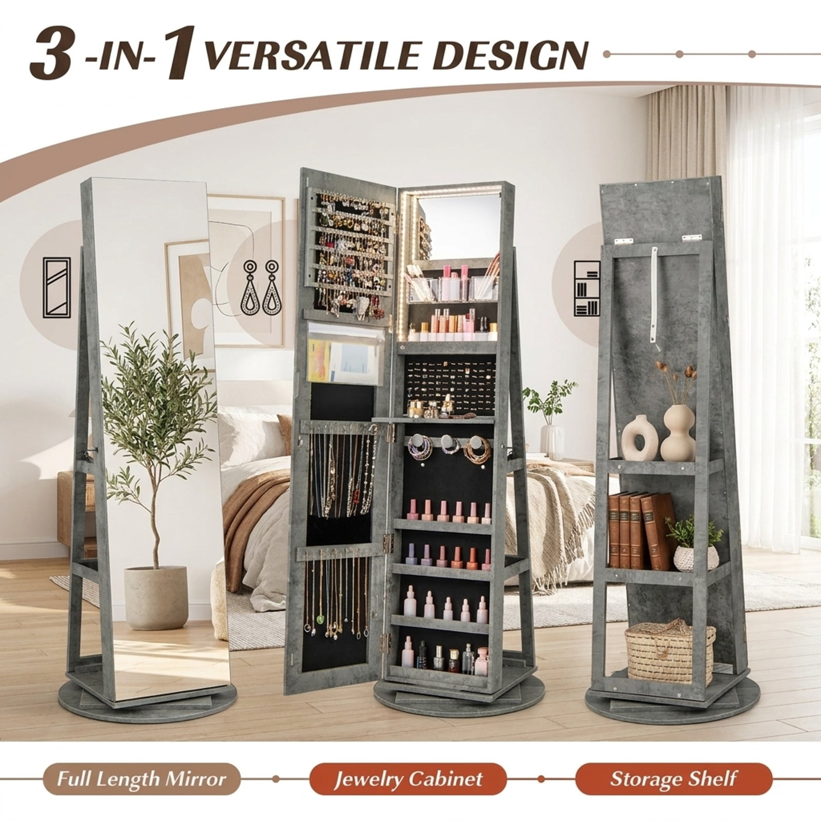 Furnibear 360 Rotating Mirrored Jewelry Cabinet Armoire with 3 Color LED and Lock in Green