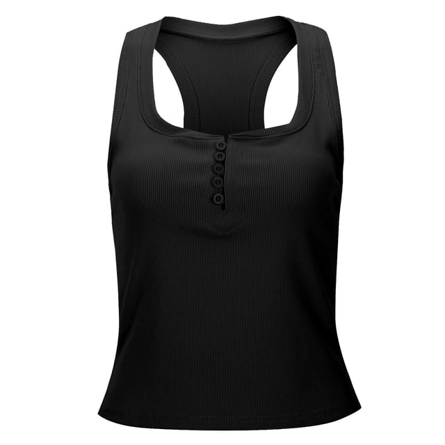 Camiseta sin mangas con cuello en U bajo y detalle de botones para mujer - Entallada, sin mangas, poliéster, para outfits de día/noche (tallas S-XL)