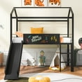 thumbnail image 2 of Twin Size House Loft Bed with Slide and Two-sided Writable Wooden Board, Metal Loft Bed Frame with Roof, Ladder & Guardrails, Bedroom Mattress Foundation for Teens Adults Girls Boys, Black, 2 of 7