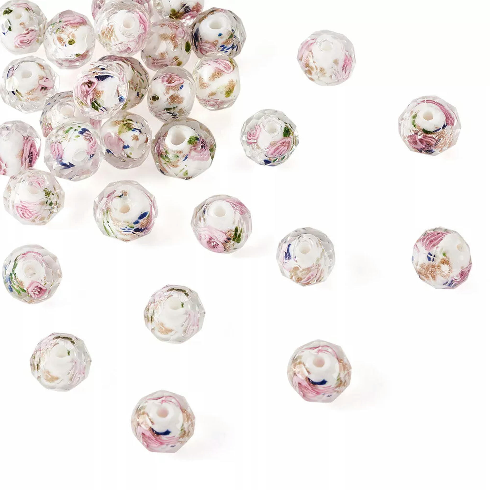 U8MO 60pc/Strd Faceted Rondelle Handmade Gold Sand Lampwork Inner Flower Beads 9~10mm