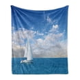 thumbnail image 1 of Ocean Soft Flannel Fleece Blanket, Modern Sail Boat on Sea Horizon Cloudy Sky Summer Sports Hobbies Photo Image, Cozy Plush for Indoor and Outdoor Use, 60" x 80", Sky Blue and White, by Ambesonne, 1 of 6