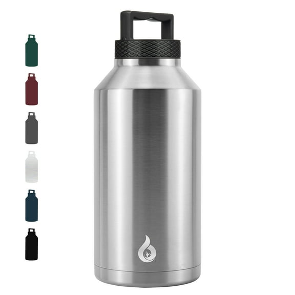 Large 64 oz water bottle with handle, insulated stainless steel half gallon jug, double wall vacuum keeps drinks cold 24 hours, leakproof for sports outdoor, silver