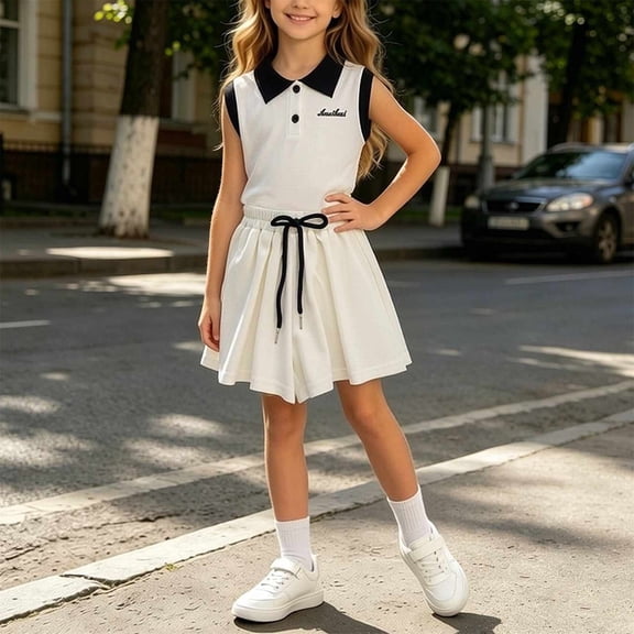 ITSAME Girls Cotton Outfit Set Lapel Sleeveless Top & Loose Shorts 2-Piece Summer Casual Comfy Clothes White Size 11