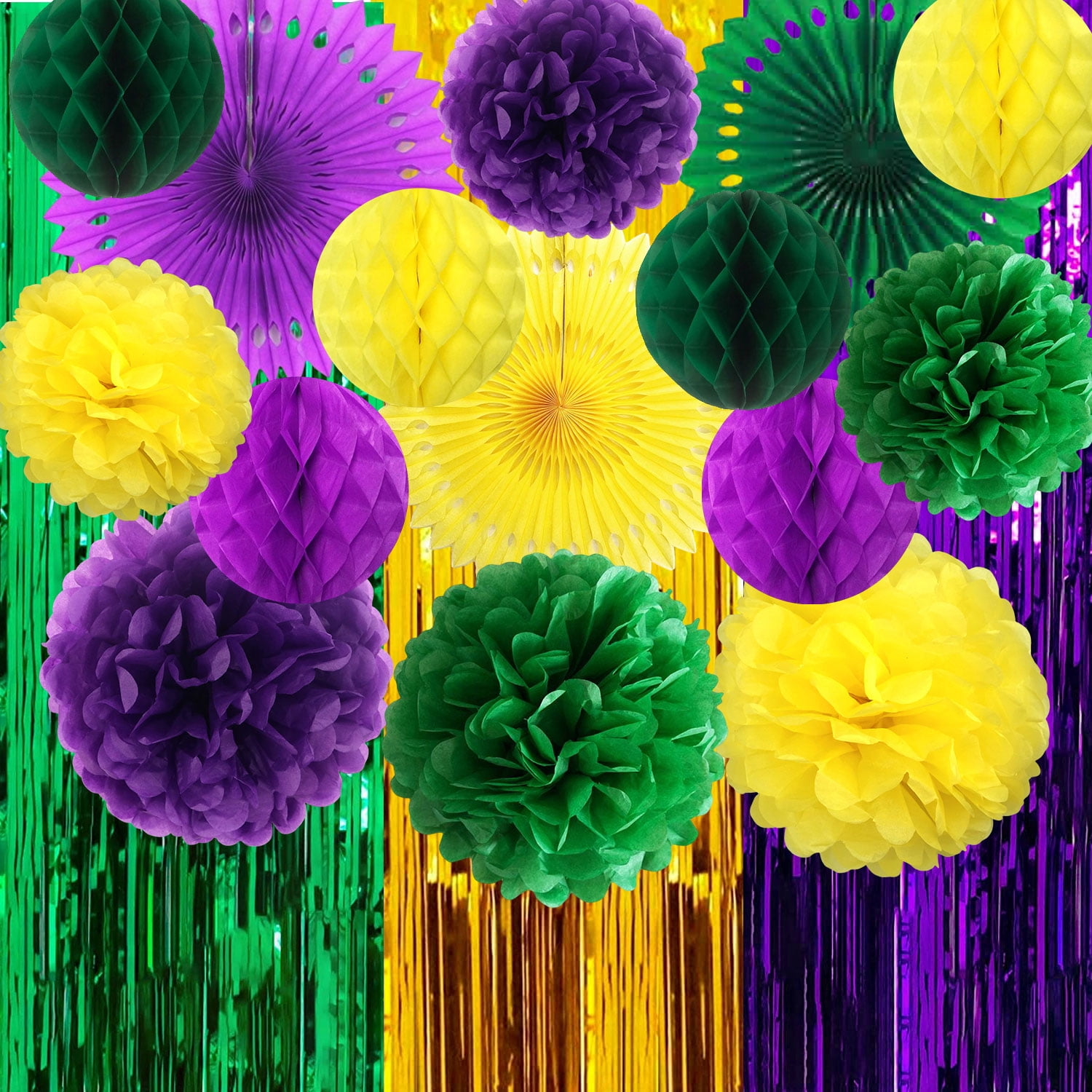 Mardi Gras Decoration Hanging Set Gold Purple Green Paper Pom Poms