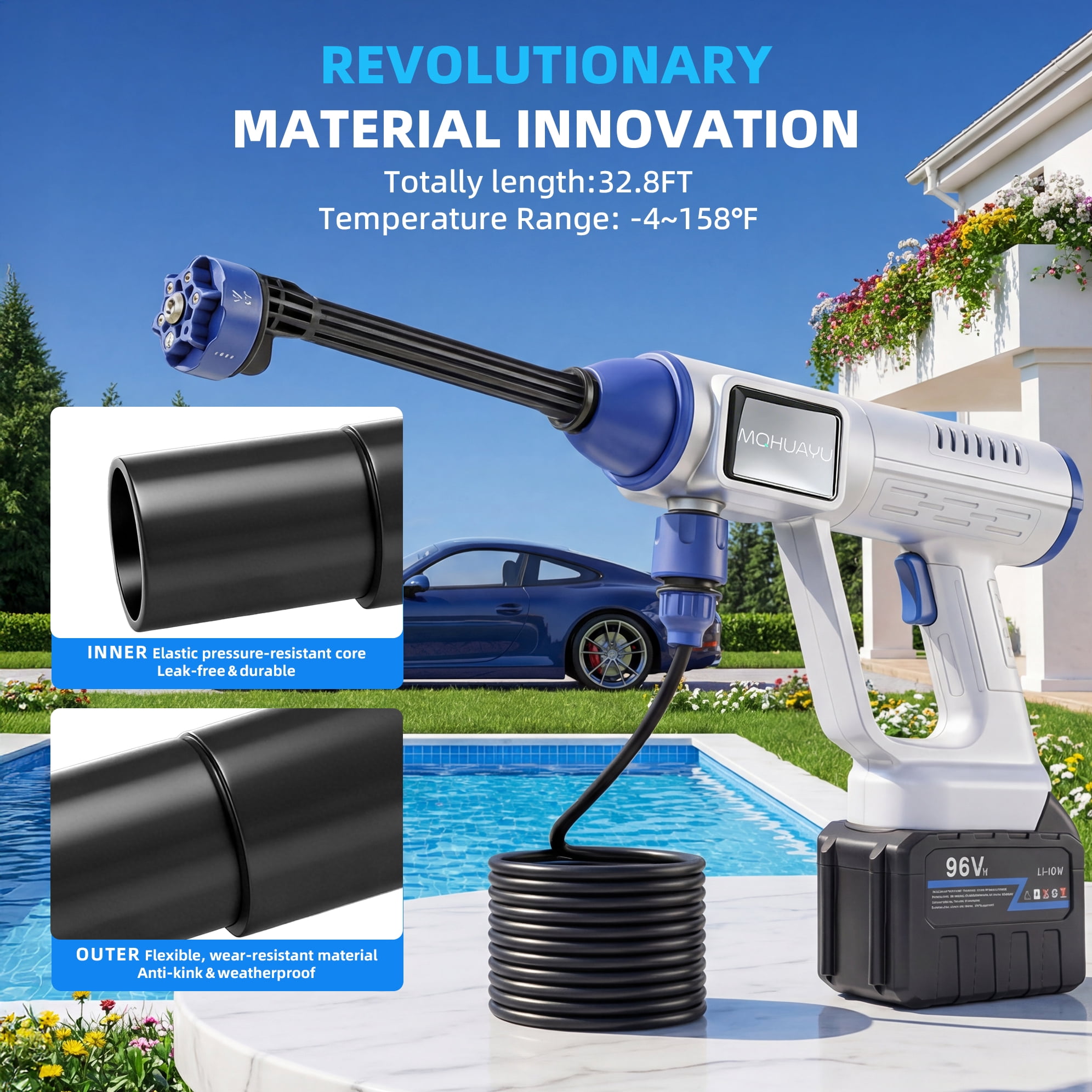 MQHUAYU 1500PSI Cordless Pressure Washer, 200W 4.0GPM Portable Power Washer with 6-in-1 Adjustable Nozzle, 2×96V Battery Power Cleaner with 32.8ft Hose for Cars/Patios