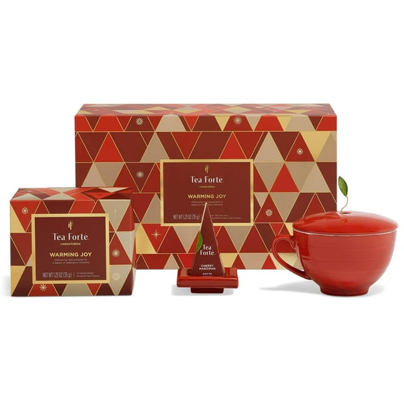 Warming Joy Holiday 3-Piece Tea Gift Set with Red Cafe Cup with Lid, Tea Tray and 10 Assorted 2 of Each Variety Handcrafted Pyramid Infuser Tea Bags