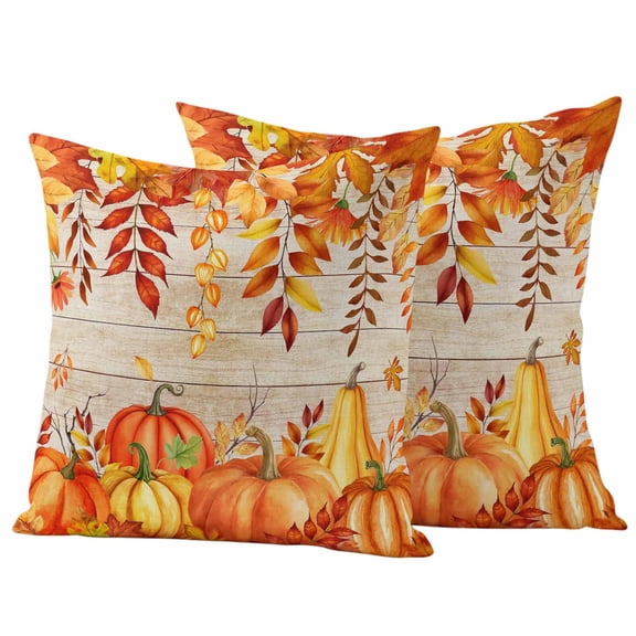 Autumn Pumpkin Outdoor Waterproof Pillow Covers, Thanksgiving Orange Red Vintage Wooden Decorative Square Throw Pillowcase Sofa Cushion Sham for Patio/Couch/Chair, 16"x16" 2 Pack