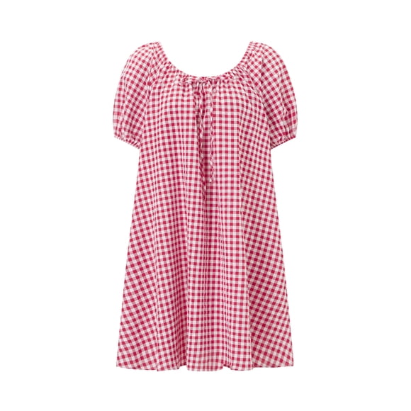 Gupgi Red Plaid Dress for Women Loose Mini Dress Short Puff Sleeve Short Dress Flowy Swing Dresses